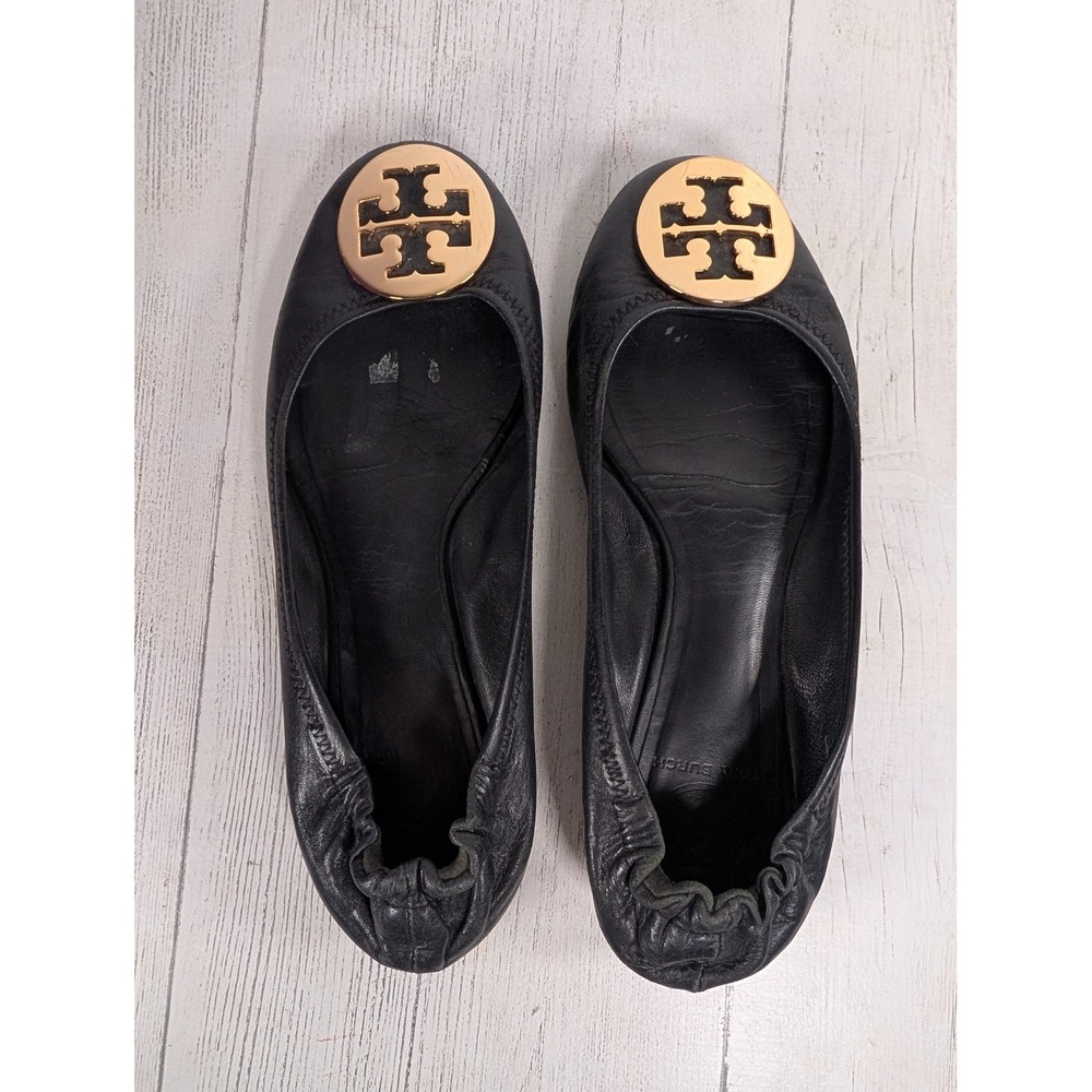 Tory Burch Reva Black Leather Gold Logo Medallion Ballet Flats Womens Size 8